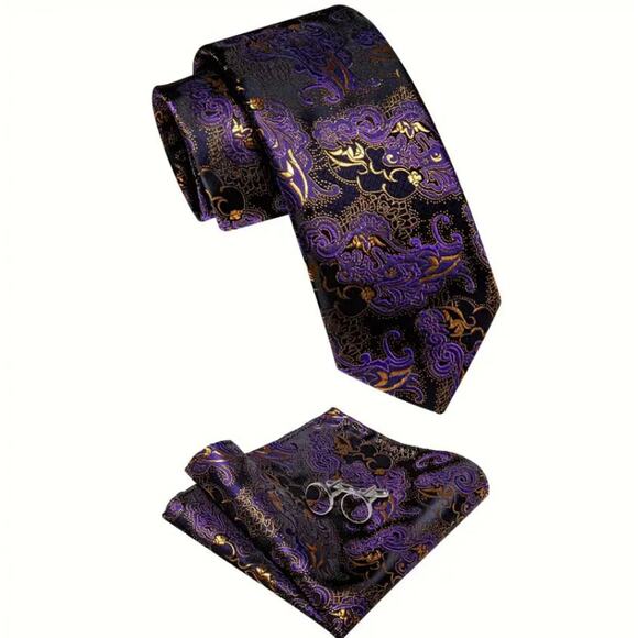 Men’s Silk Coordinated Tie Set - Purple & Gold Paisley - Picture 6 of 8